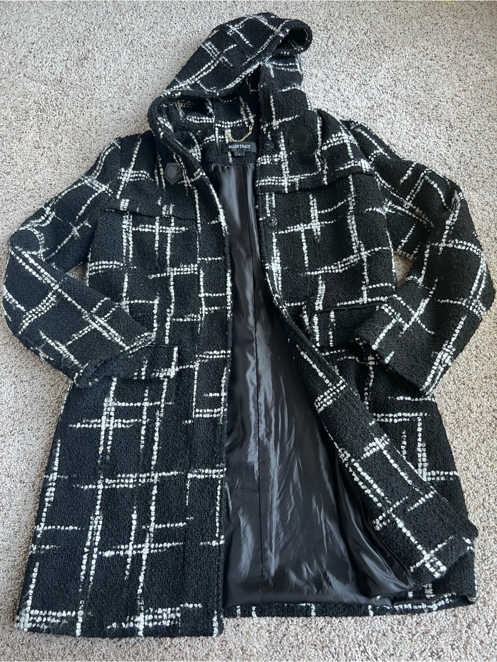 Ellen Tracy Women's Hooded Lined Coat Black/White Geometric Snap Close Size 6